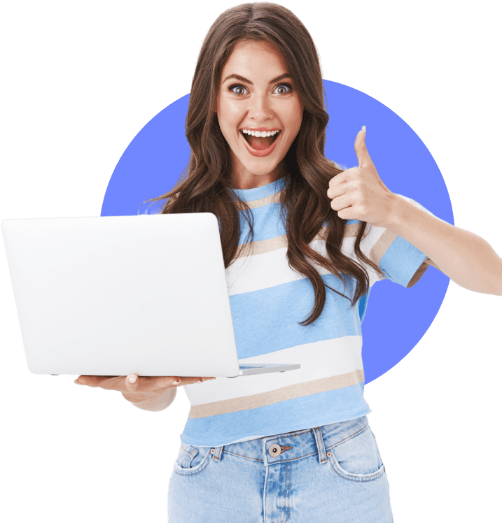 A women holding a lapotop with a happy expression